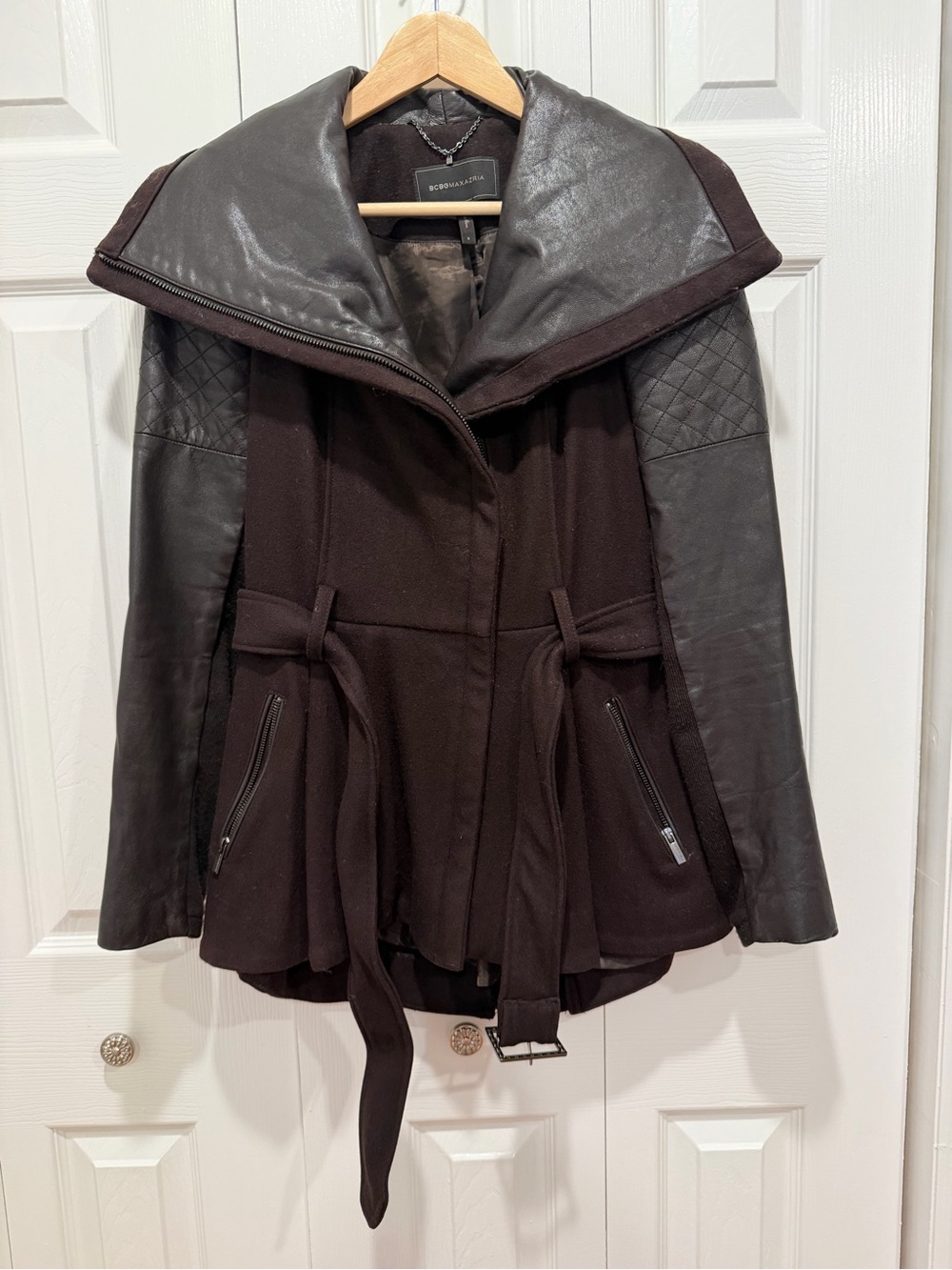 BCBGMAXAZRIA Purple Mixed-Media Belted Peacoat